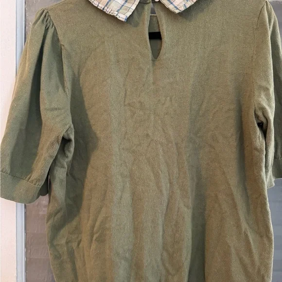 LOFT Green Top with Blue Plaid Collar - Picture 3 of 3